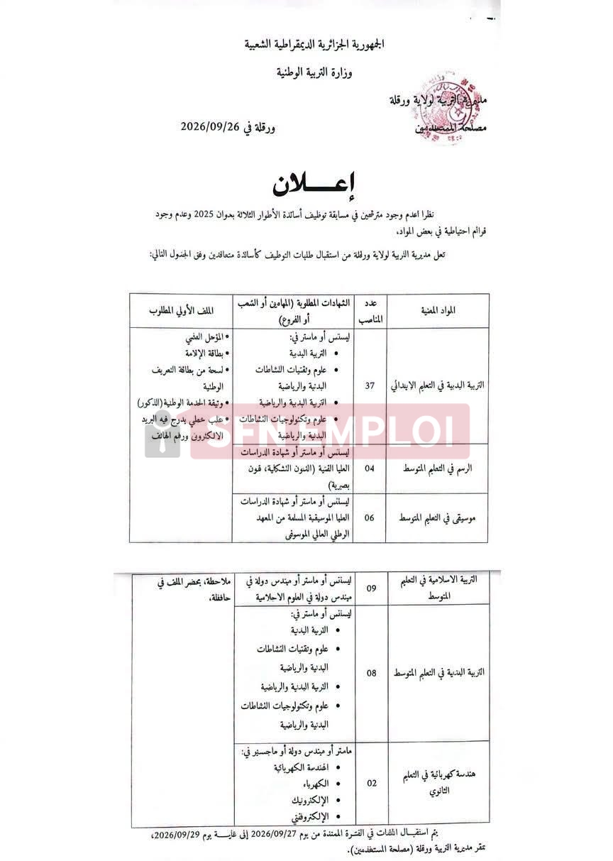 إعلان توظيف الأساتذة : 66 منصبًا في عدة تخصصات - SFN Emploi إعلان توظيف الأساتذة : 66 منصبًا في عدة تخصصات - SFN Emploi