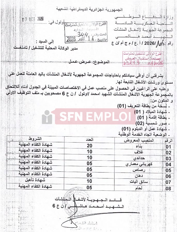 عرض توظيف بالمجموعة الجهوية لأشغال المنشآت التابعة للناحية العسكرية السادسة (70 منصب) - SFN Emploi