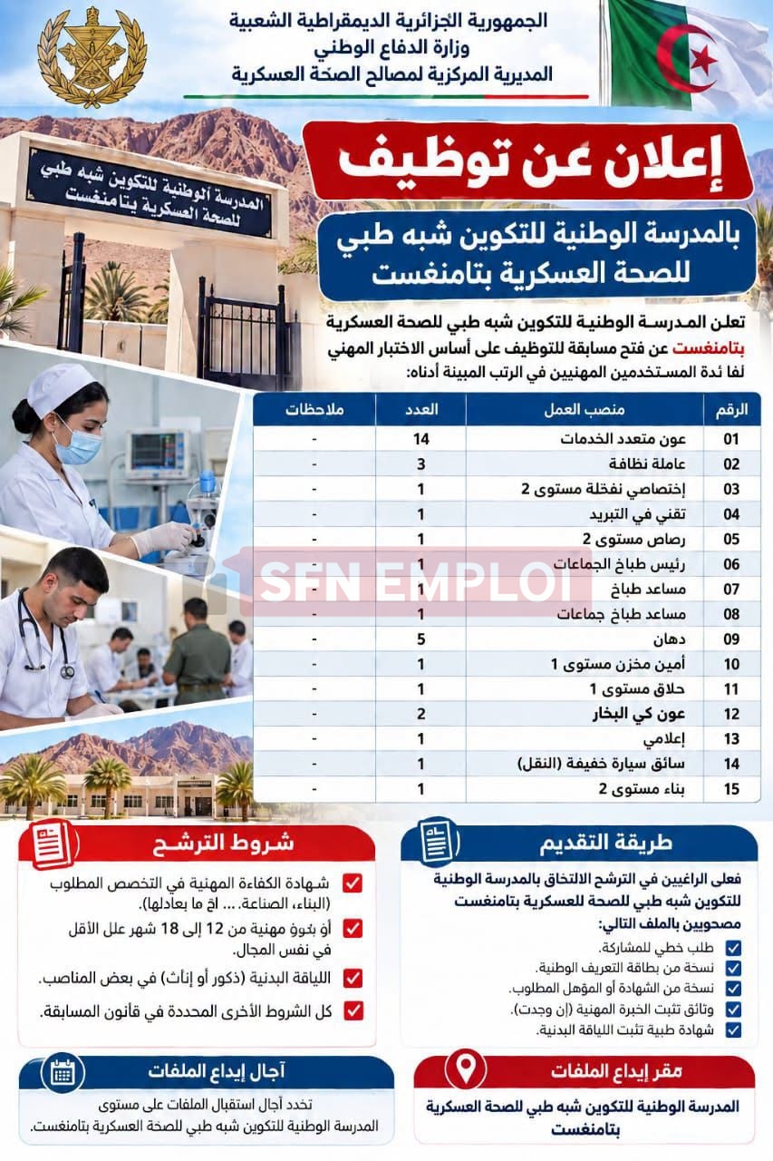 إعلان توظيف المستخدمين الشبيهين بالصحة العسكرية في 15 رتبة - SFN Emploi