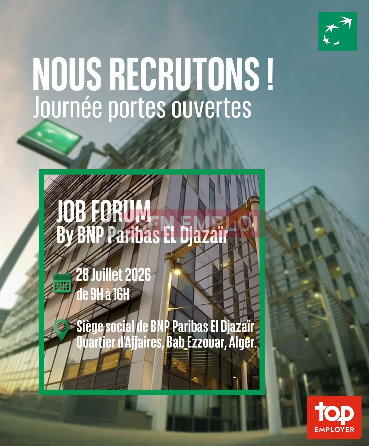 BNP Paribas El Djazaïr يعلن عن Job Forum 2026 لتوظيف الخريجين الشباب بالجزائر - SFN Emploi BNP Paribas El Djazaïr يعلن عن Job Forum 2026 لتوظيف الخريجين الشباب بالجزائر - SFN Emploi