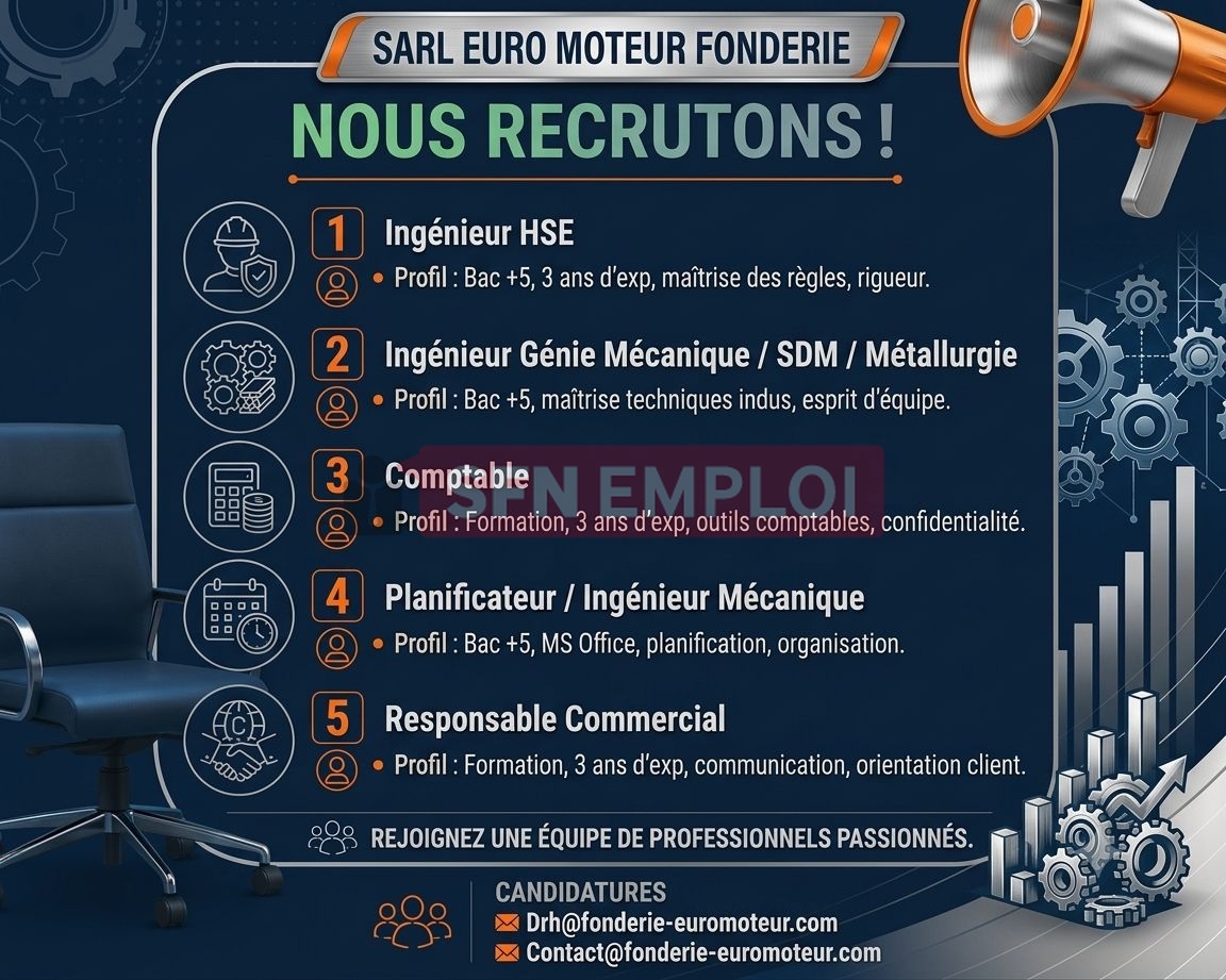 شركة EURO MOTEUR FONDERIE تعلن عن فتح باب التوظيف في عدة تخصصات - SFN Emploi شركة EURO MOTEUR FONDERIE تعلن عن فتح باب التوظيف في عدة تخصصات - SFN Emploi