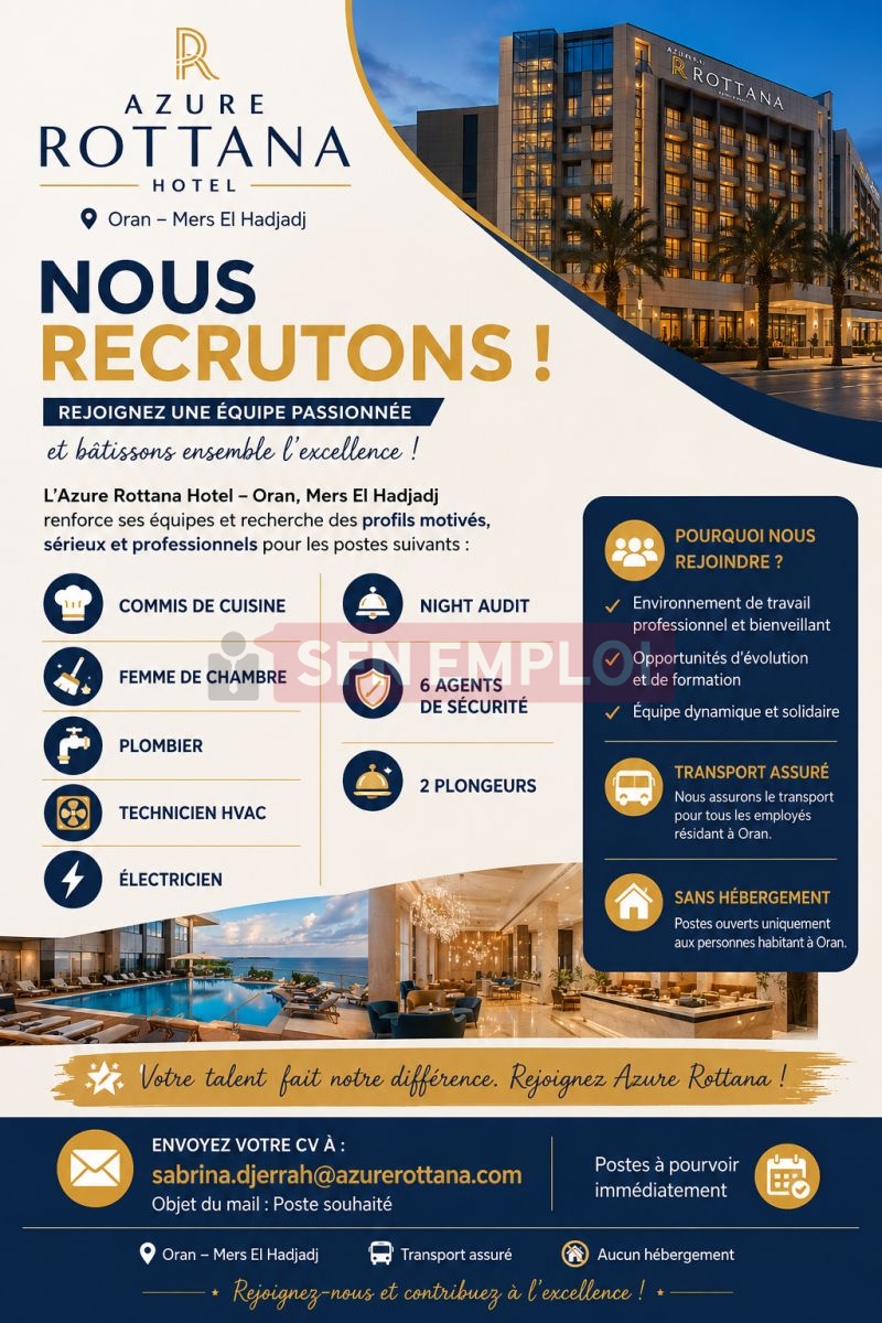 توظيف في فندق Azure Rottana بوهران.. مناصب شاغرة في عدة تخصصات - SFN Emploi