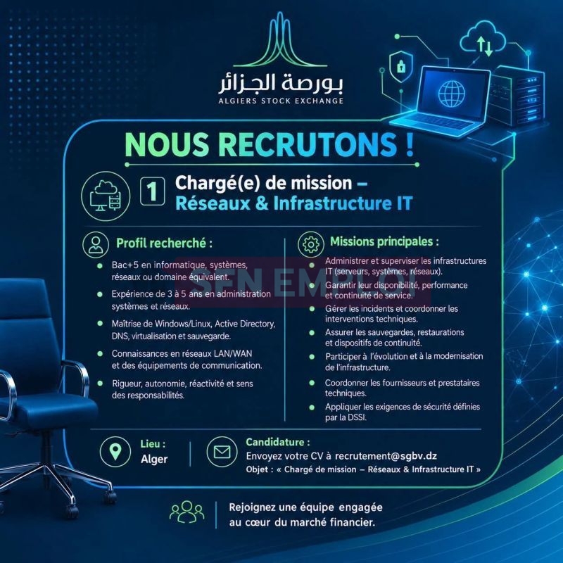 بورصة الجزائر تعلن عن توظيف حاملي Bac+5 في الإعلام الآلي والشبكات – آخر أجل 30 سبتمبر 2026 - SFN Emploi بورصة الجزائر تعلن عن توظيف حاملي Bac+5 في الإعلام الآلي والشبكات – آخر أجل 30 سبتمبر 2026 - SFN Emploi