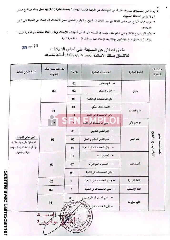 جامعة برج بوعريريج تفتح مسابقة توظيف أساتذة مساعدين على أساس الشهادات لسنة 2026 - SFN Emploi