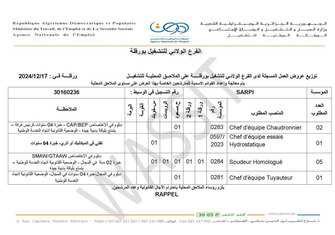 عروض توظيف الشركة الجزائرية لانجاز المشاريع الصناعية SARPI (54 منصب) - SFN Emploi