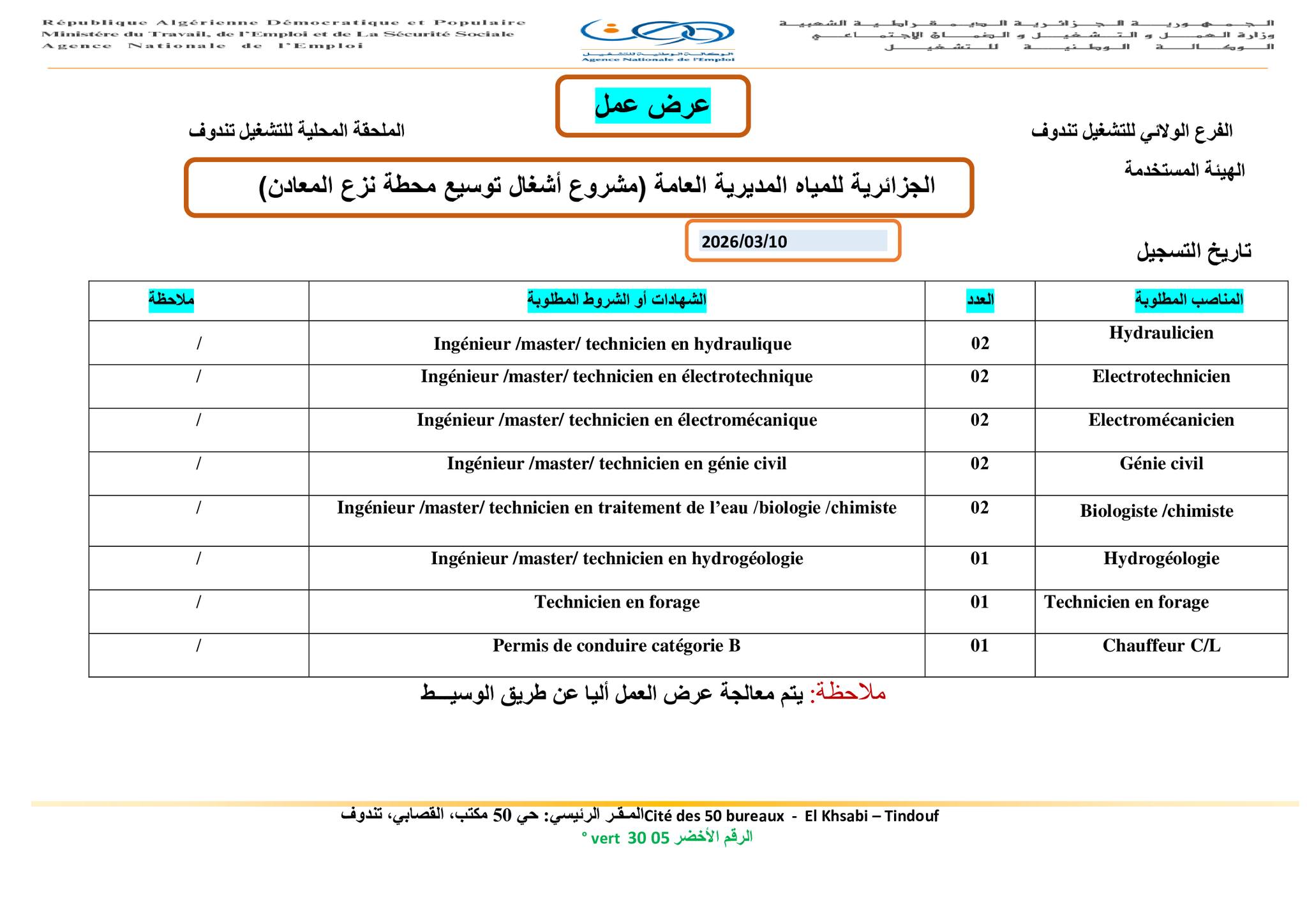 عرض توظيف بالجزائرية للمياه في عدة تخصصات - SFN Emploi عرض توظيف بالجزائرية للمياه في عدة تخصصات - SFN Emploi