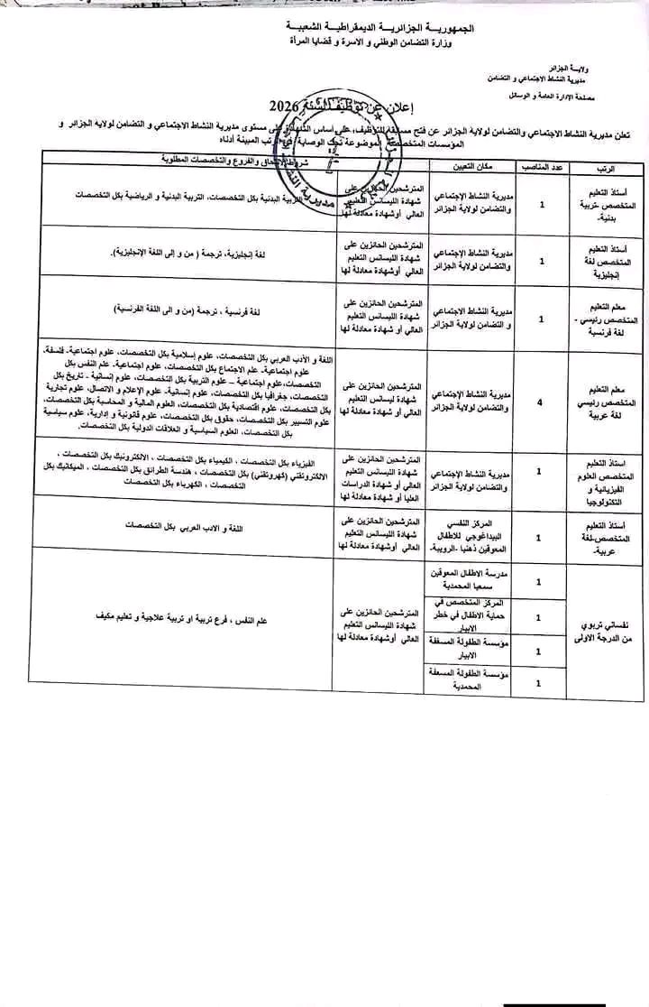 مسابقات توظيف بمديرية النشاط الاجتماعي والتضامن لولاية الجزائر 2026 - SFN Emploi