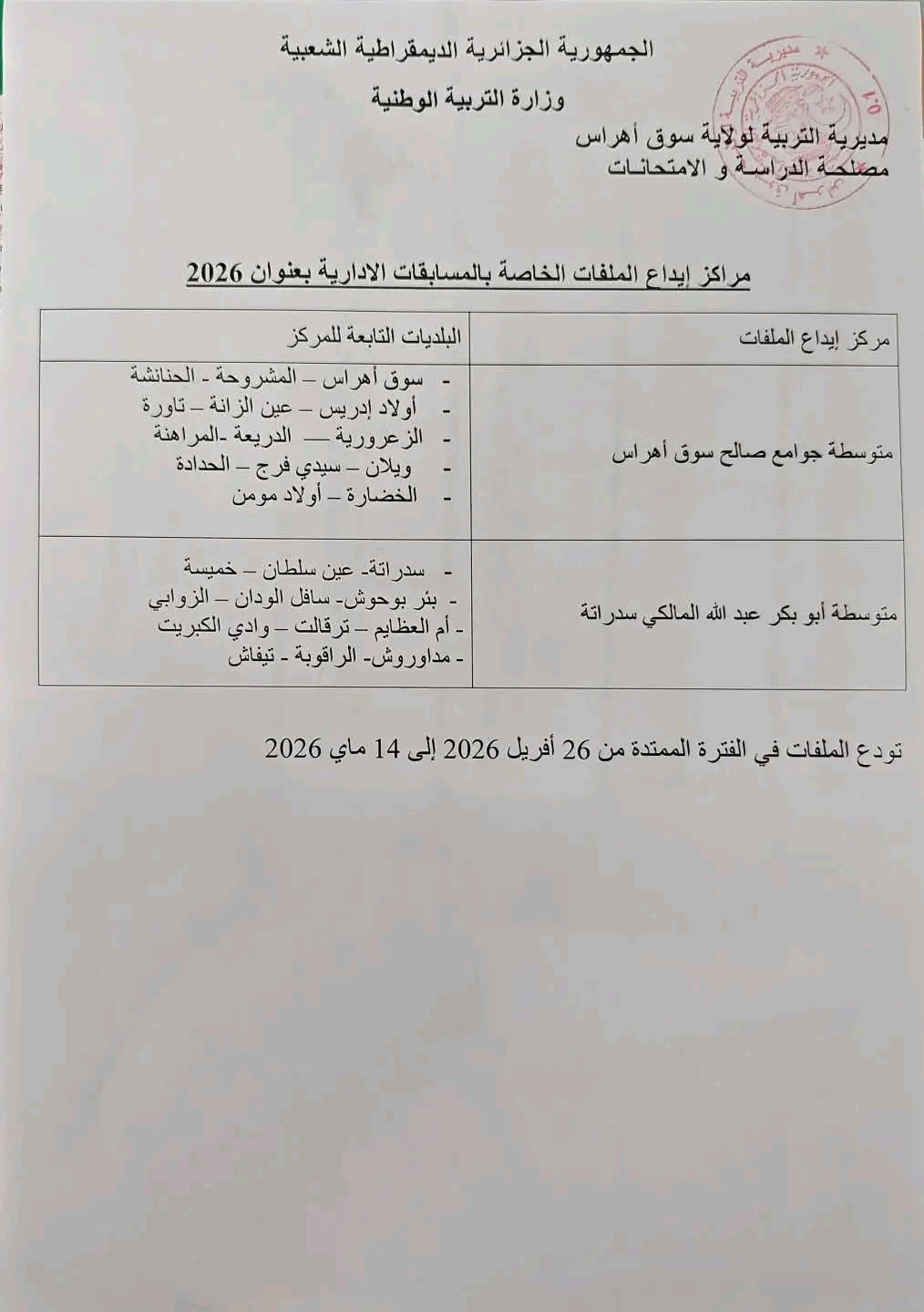 إعلان توظيف بمديرية التربية لولاية سوق اهراس 2026 - SFN Emploi