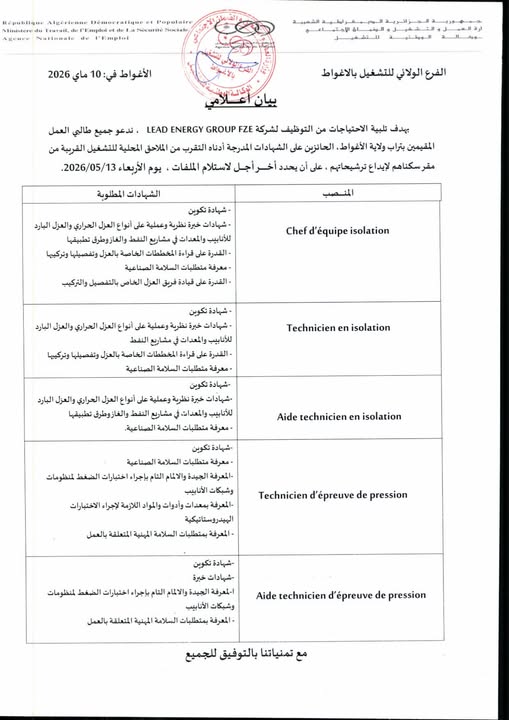 إعلان توظيف بشركة LEAD ENERGY GROUP FZE 2026 - SFN Emploi