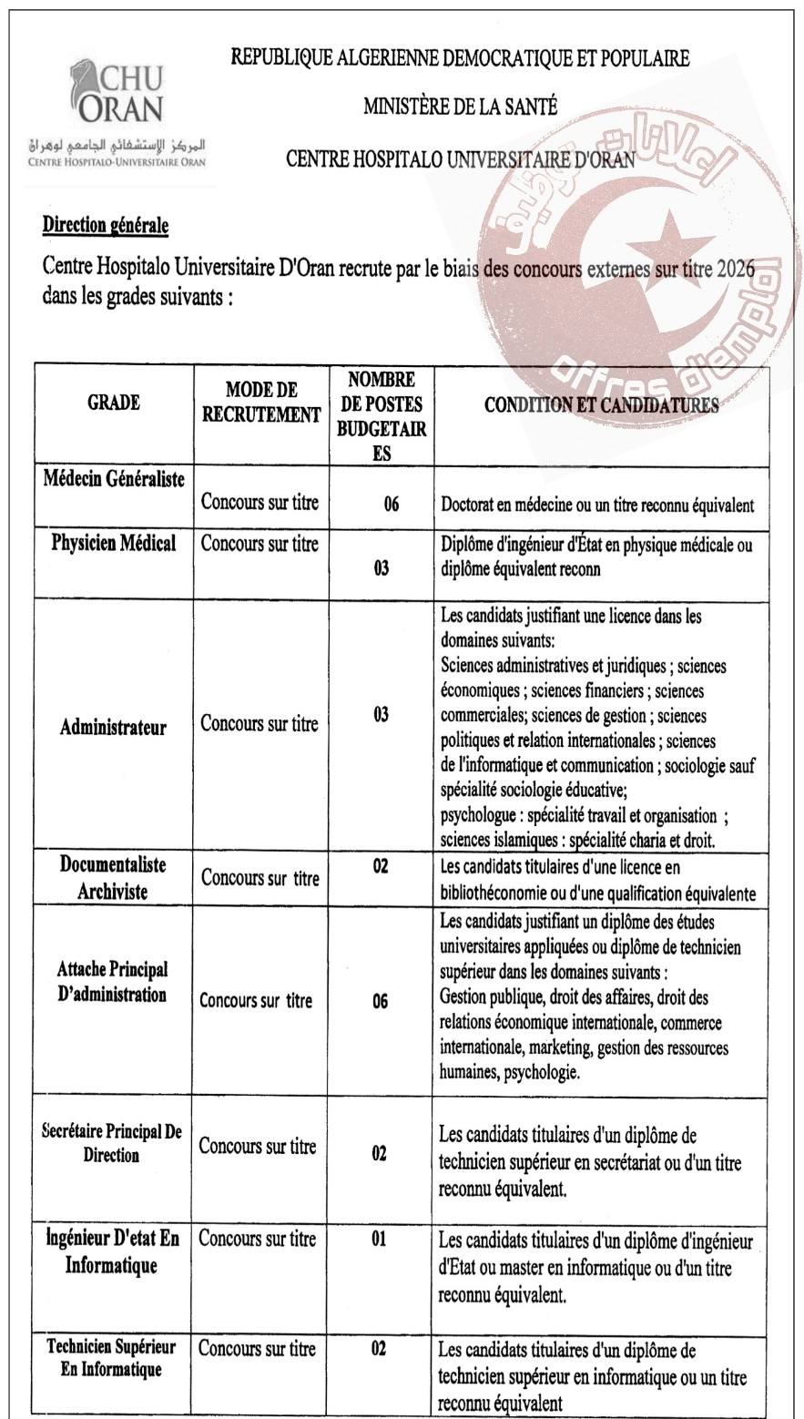 إعلان توظيف بالمركز الاستشفائي الجامعي المركز الاستشفائي الجامعي وهران (25 منصب) - SFN Emploi إعلان توظيف بالمركز الاستشفائي الجامعي المركز الاستشفائي الجامعي وهران (25 منصب) - SFN Emploi