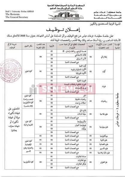 جامعة سطيف 1 فرحات عباس تفتح مسابقة توظيف أساتذة مساعدين بعنوان 2026 - SFN Emploi