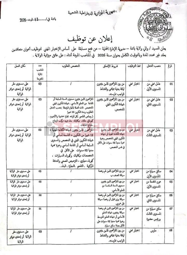 ولاية باتنة تفتح مسابقة توظيف في 22 منصبًا مهنيًا.. إليكم الشروط وملف الترشح - SFN Emploi