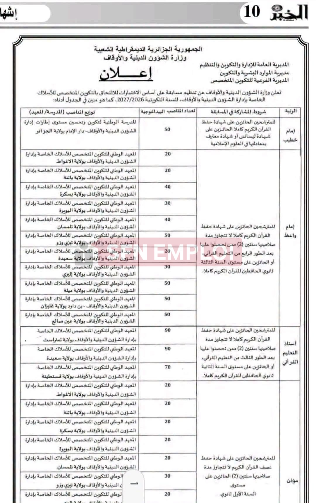وزارة الشؤون الدينية والأوقاف تعلن عن مسابقة لتوظيف 1200 منصب في أسلاك الإمامة والتعليم القرآني - SFN Emploi