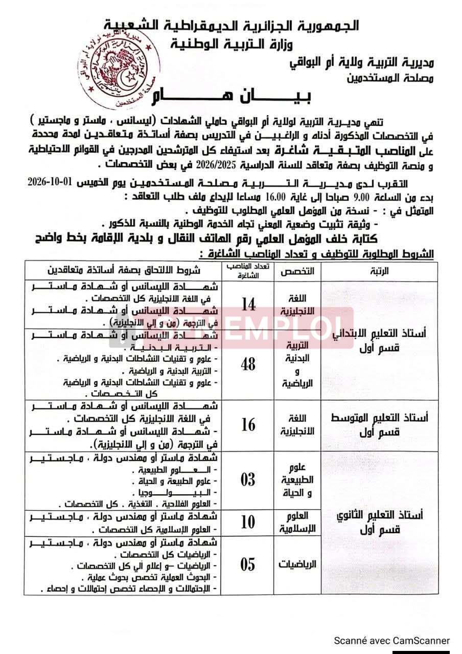 توظيف أساتذة متعاقدين لسنة 2026: التخصصات والمناصب وطريقة إيداع الملف - SFN Emploi