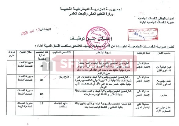 مسابقات توظيف بمديرية الخدمات الجامعية بالبليدة (20 منصب) - SFN Emploi