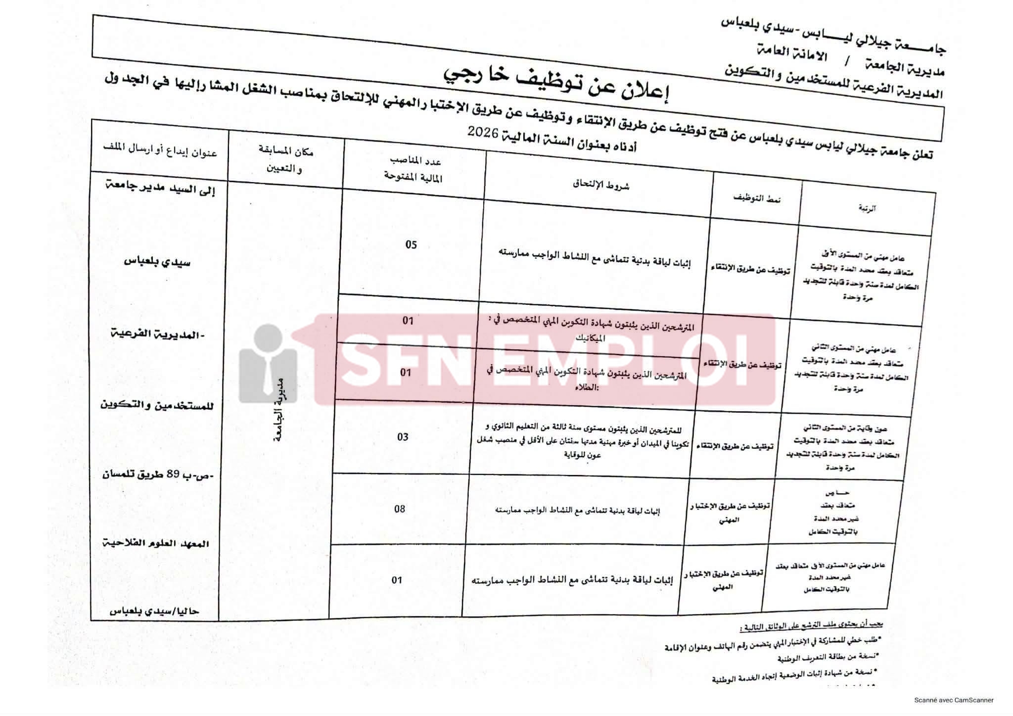 مسابقات بجامعة جيلالي ليابس بسيدي بلعباس 2026 - SFN Emploi