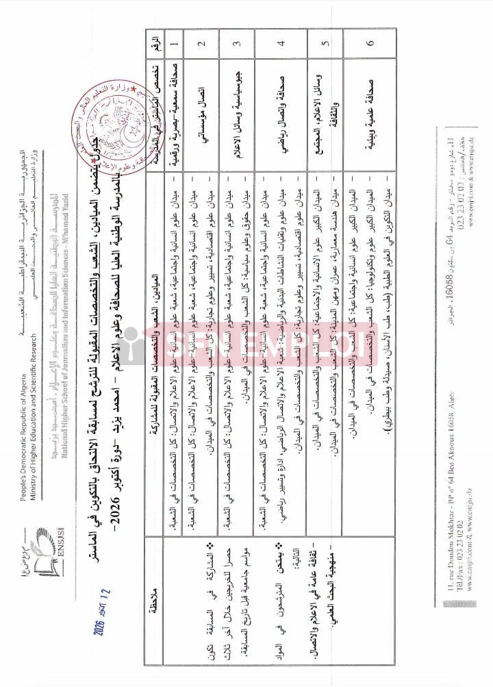 المدرسة الوطنية العليا للصحافة وعلوم الإعلام تفتح باب الترشح لمسابقة الماستر: 150 مقعداً بيداغوجياً للسنة الجامعية 2026-2027 - SFN Emploi