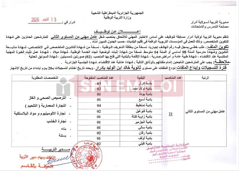 مديرية التربية بأدرار تعلن عن 120منصب توظيف في ثماني رتب - SFN Emploi