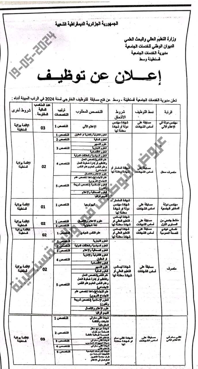 مسابقة توظيف بمديرية الخدمات الجامعية قسنطينة وسط (15 منصب) - SFN Emploi