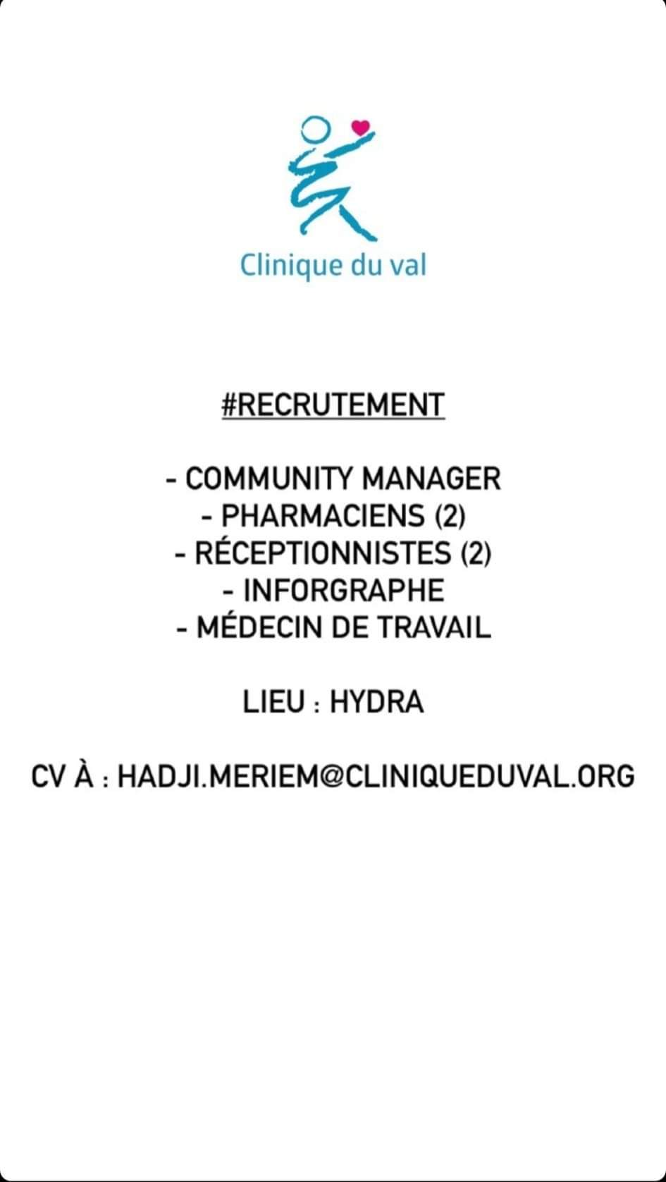 وظائف شاغرة بمؤسسة CLINIQUE DU VAL - SFN Emploi وظائف شاغرة بمؤسسة CLINIQUE DU VAL - SFN Emploi