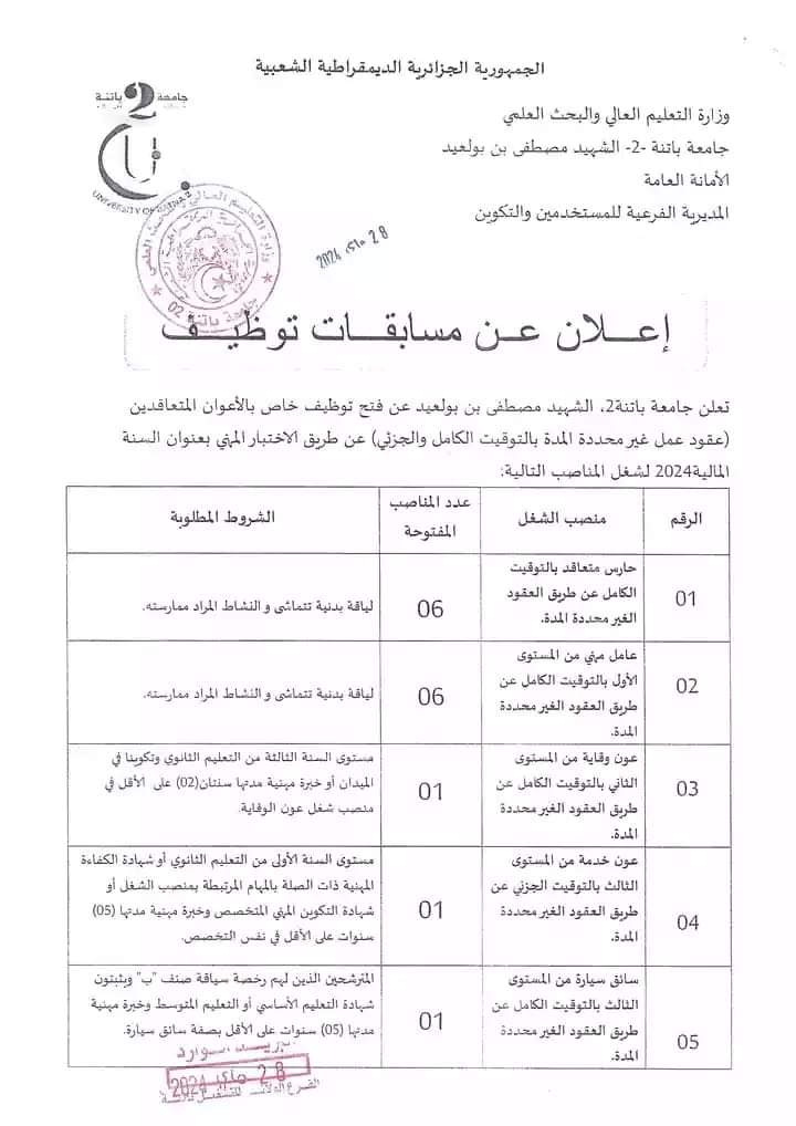مسابقة توظيف بجامعة باتنة 2 (15 منصب) - SFN Emploi