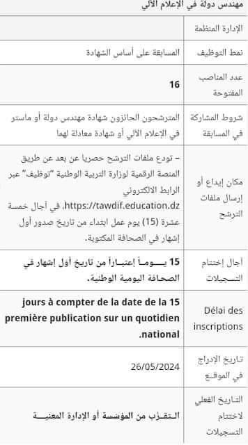 توظيف في رتبة مهندس دولة في الاعلام الالي بوزارة التربية الوطنية (16 منصب ) - SFN Emploi