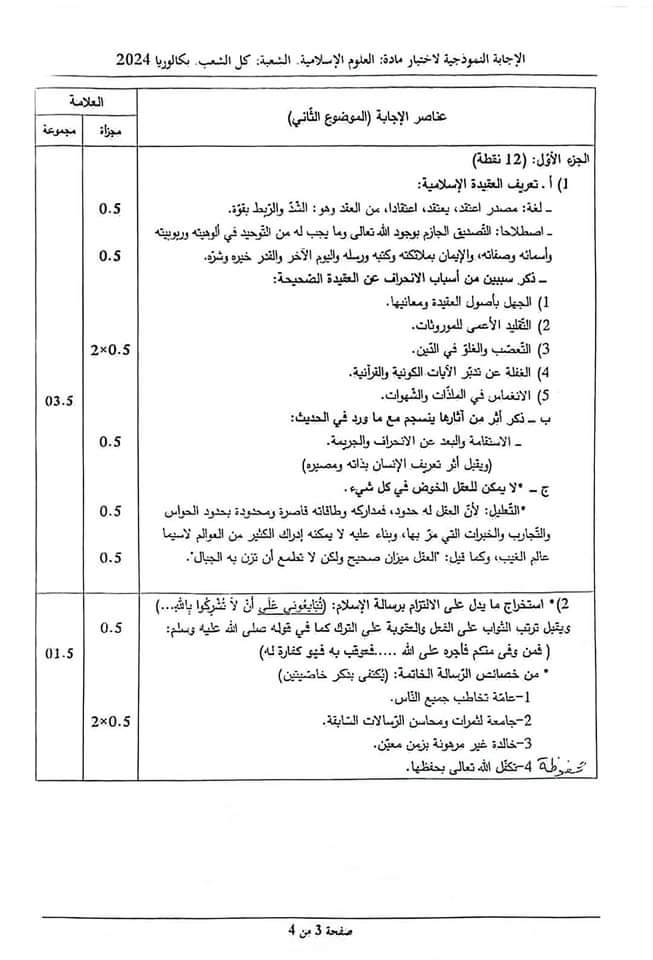 بكالوريا 2024 :التصحيـح الوزاري لمادة "العلوم الإسلامية" لجميـع الشعب - SFN Emploi