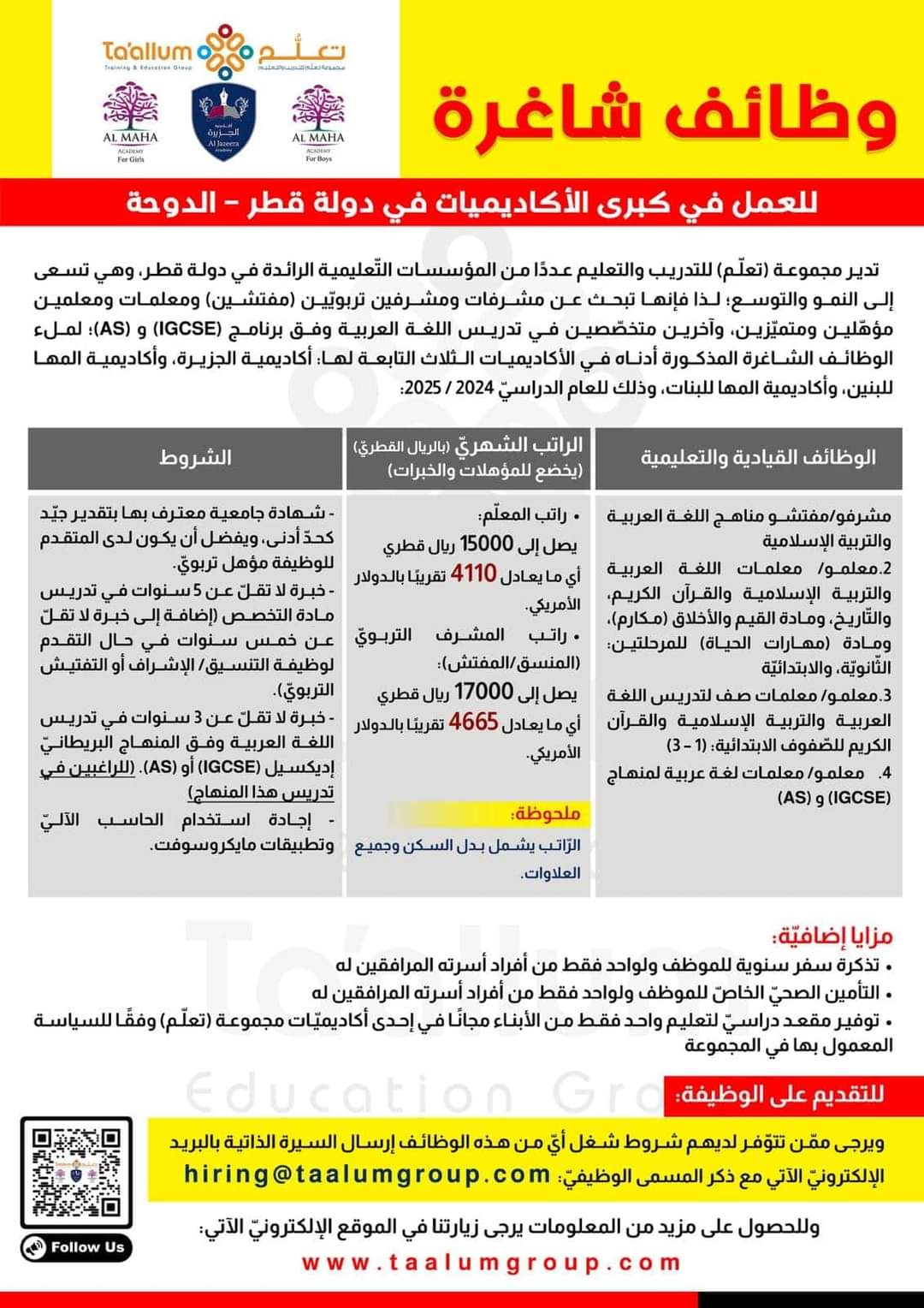 وظائف شاغرة في قطر للاساتذة و المشرفين التربويين 2024 - SFN Emploi