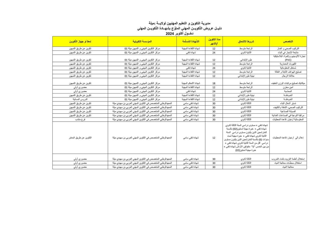 عروض التكوين المهني دورة أكتوبر 2024 بولاية ميلة - SFN Emploi