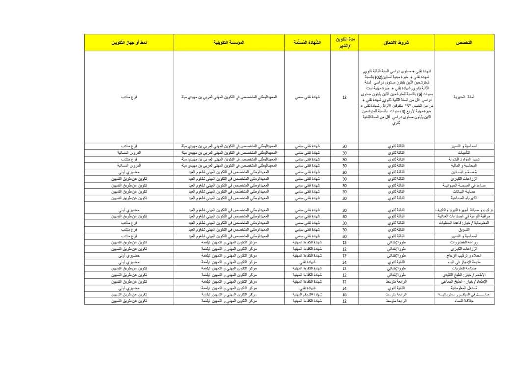 عروض التكوين المهني دورة أكتوبر 2024 بولاية ميلة - SFN Emploi
