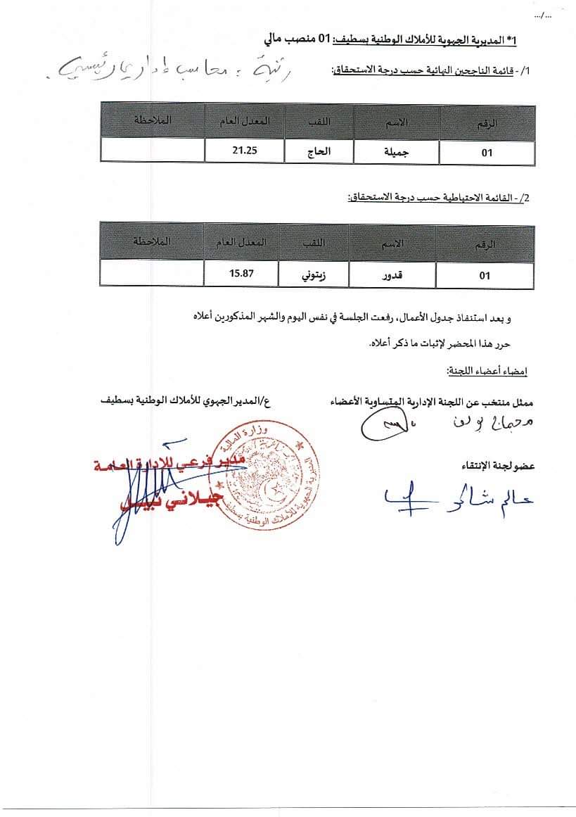 النتائج النهائية لمسابقات التوظيف بالمديرية الجهوية للاملاك الوطنية بسطيف - SFN Emploi