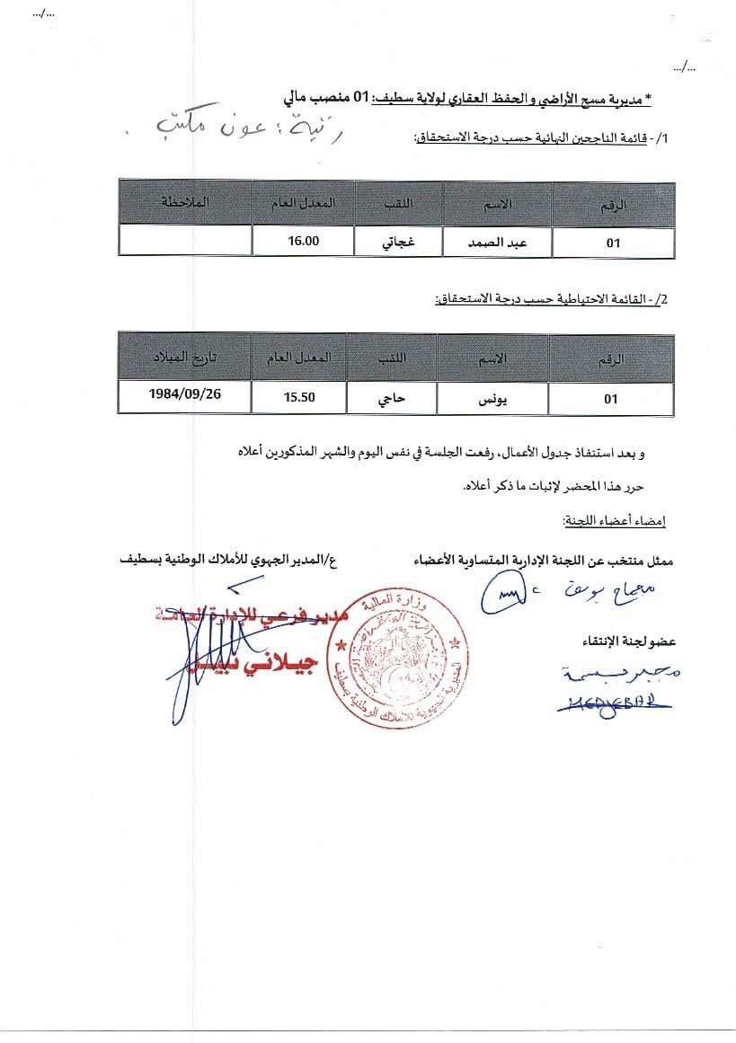 النتائج النهائية لمسابقات التوظيف بالمديرية الجهوية للاملاك الوطنية بسطيف - SFN Emploi