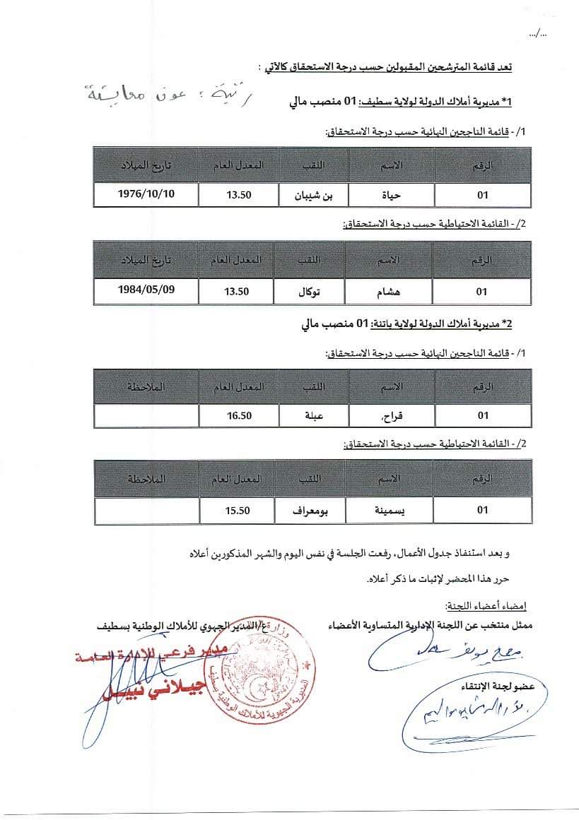 النتائج النهائية لمسابقات التوظيف بالمديرية الجهوية للاملاك الوطنية بسطيف - SFN Emploi