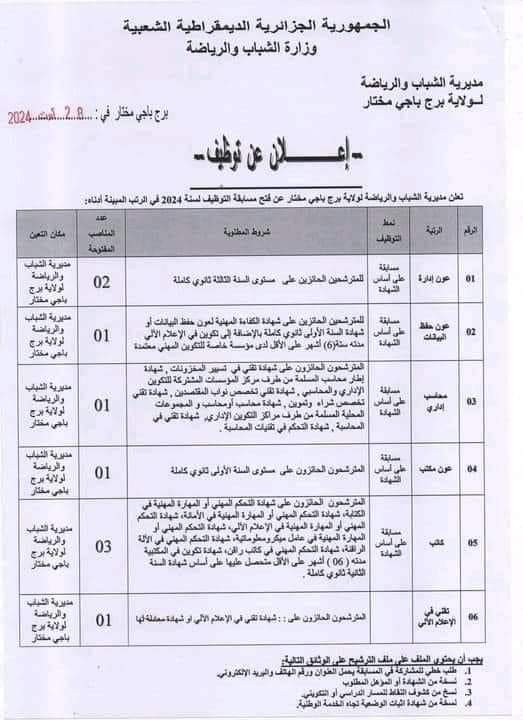 مسابقات توظيف بمديرية الشباب والرياضة لولاية برج باجي مختار (25 منصب) - SFN Emploi