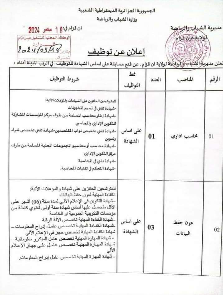 مسابقات توظيف بمديرية الشباب والرياضة لولاية عين قزام (22 منصب ) - SFN Emploi
