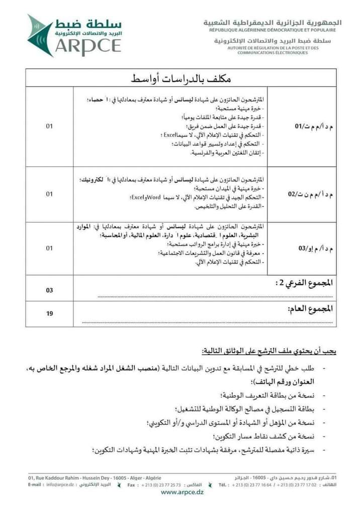 مسابقة توظيف بسلطة الضبط للبريد والاتصالات الالكترونية (19منصب ) - SFN Emploi