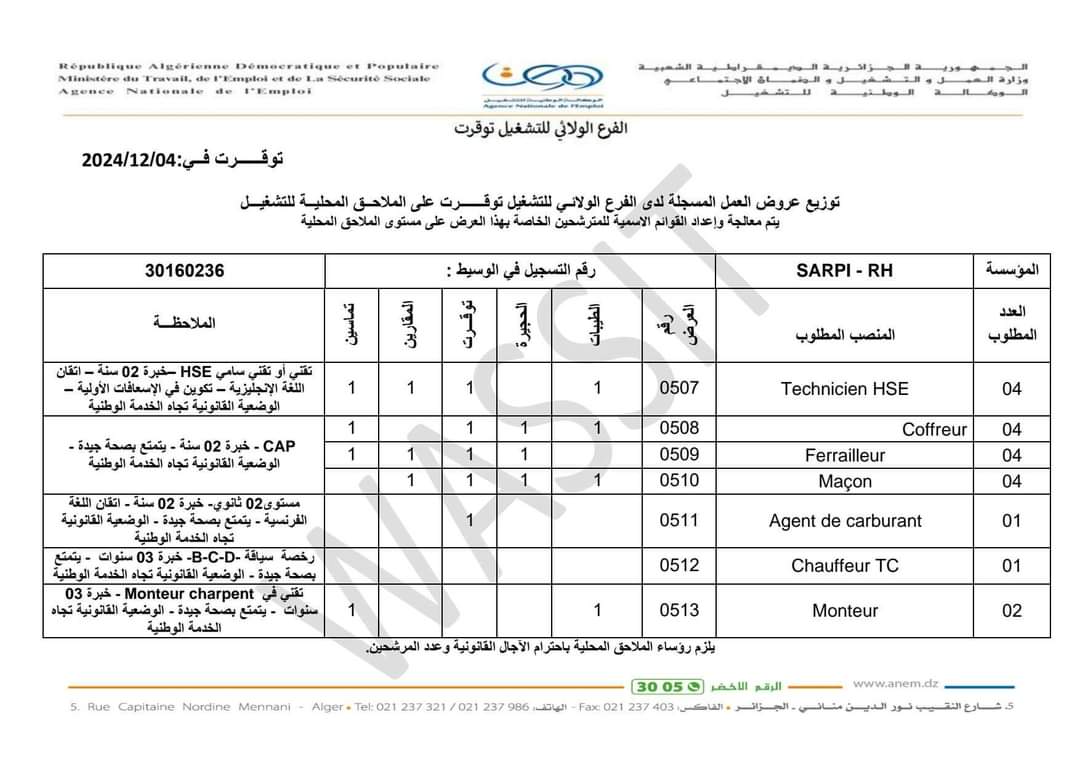 اعلان توظيف بالشركة الجزائرية لانجاز المشاريع الصناعية SARPI (23 منصب) - SFN Emploi اعلان توظيف بالشركة الجزائرية لانجاز المشاريع الصناعية SARPI (23 منصب) - SFN Emploi