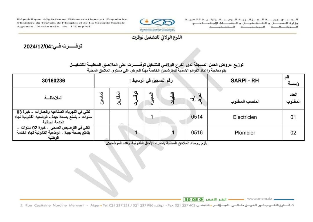 اعلان توظيف بالشركة الجزائرية لانجاز المشاريع الصناعية SARPI (23 منصب) - SFN Emploi