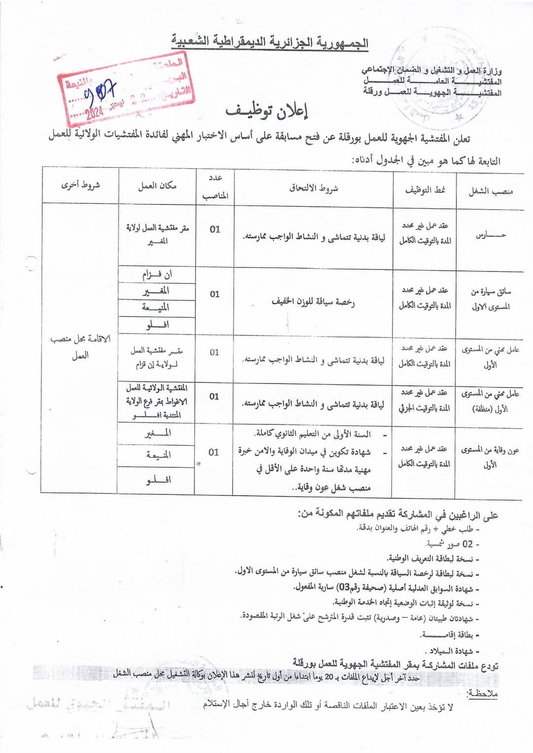 مسابقات توظيف بالمفتشة الجهوية للعمل بورقلة (4 ولايات معنية بالتوظيف) - SFN Emploi