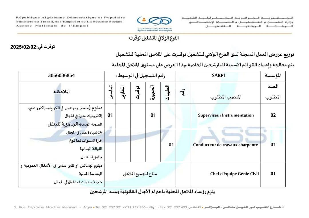 توظيف 2025.. الشركة الجزائرية لانجاز المشاريع الصناعية SARPI توظف - SFN Emploi توظيف 2025.. الشركة الجزائرية لانجاز المشاريع الصناعية SARPI توظف - SFN Emploi