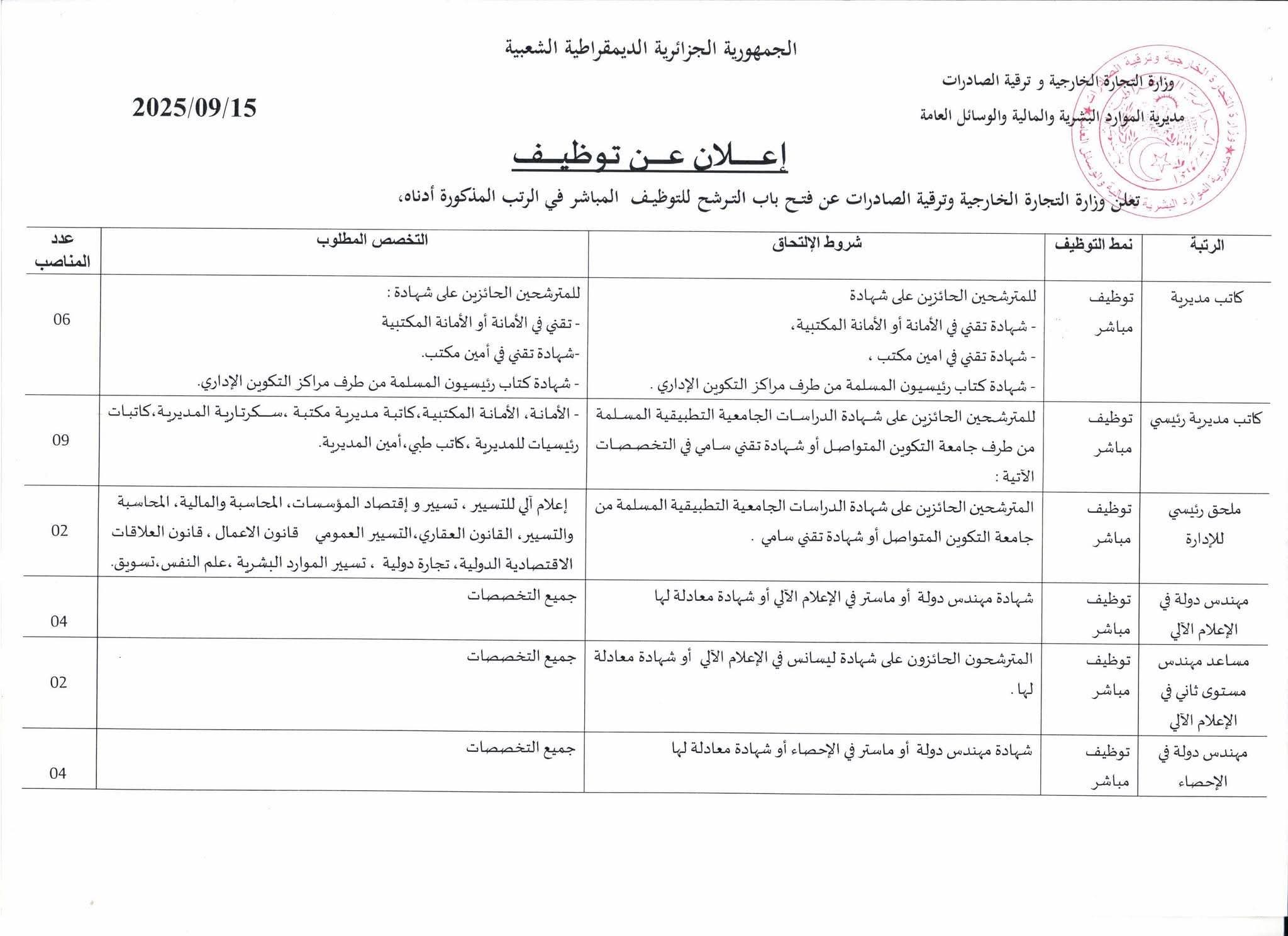 فتح باب الترشح للتوظيف المباشر بوزارة التجارة الخارجية 2025 - SFN Emploi