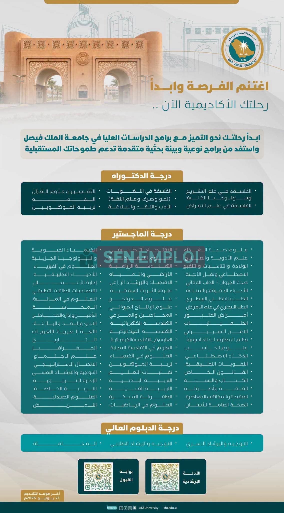 جامعة الملك فيصل تفتح باب التقديم على برامج الدراسات العليا 2026.. آخر أجل 21 جويلية - SFN Emploi