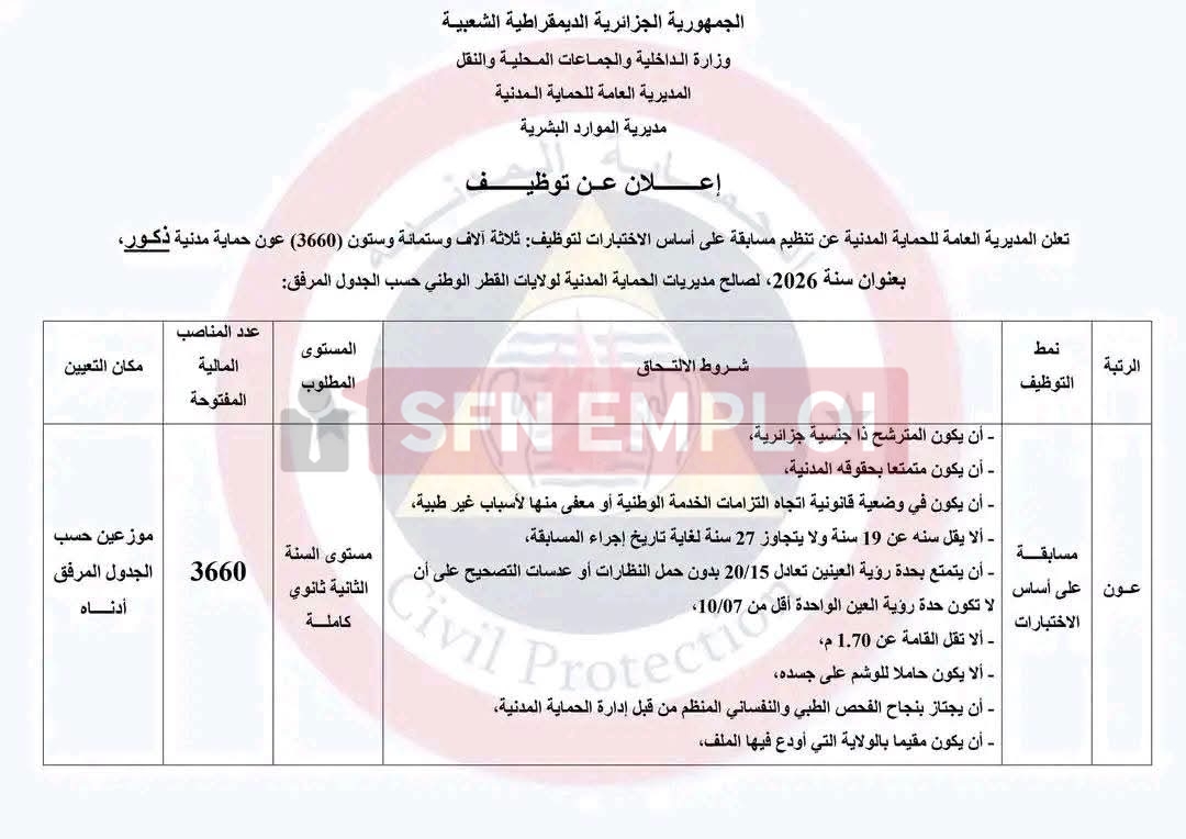 توظيف 3660 عون حماية مدنية ذكور في الجزائر 2026: الشروط والملف وطريقة الترشح - SFN Emploi