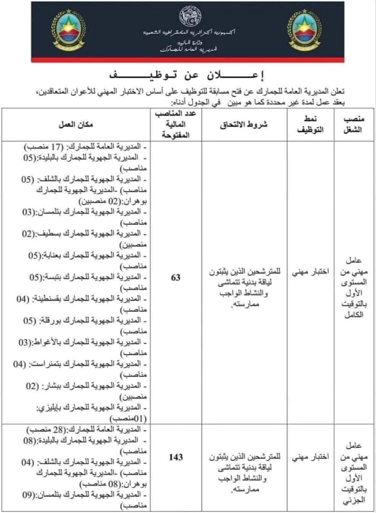 مسابقة توظيف بالمديرية العامة للجمارك - SFN Emploi