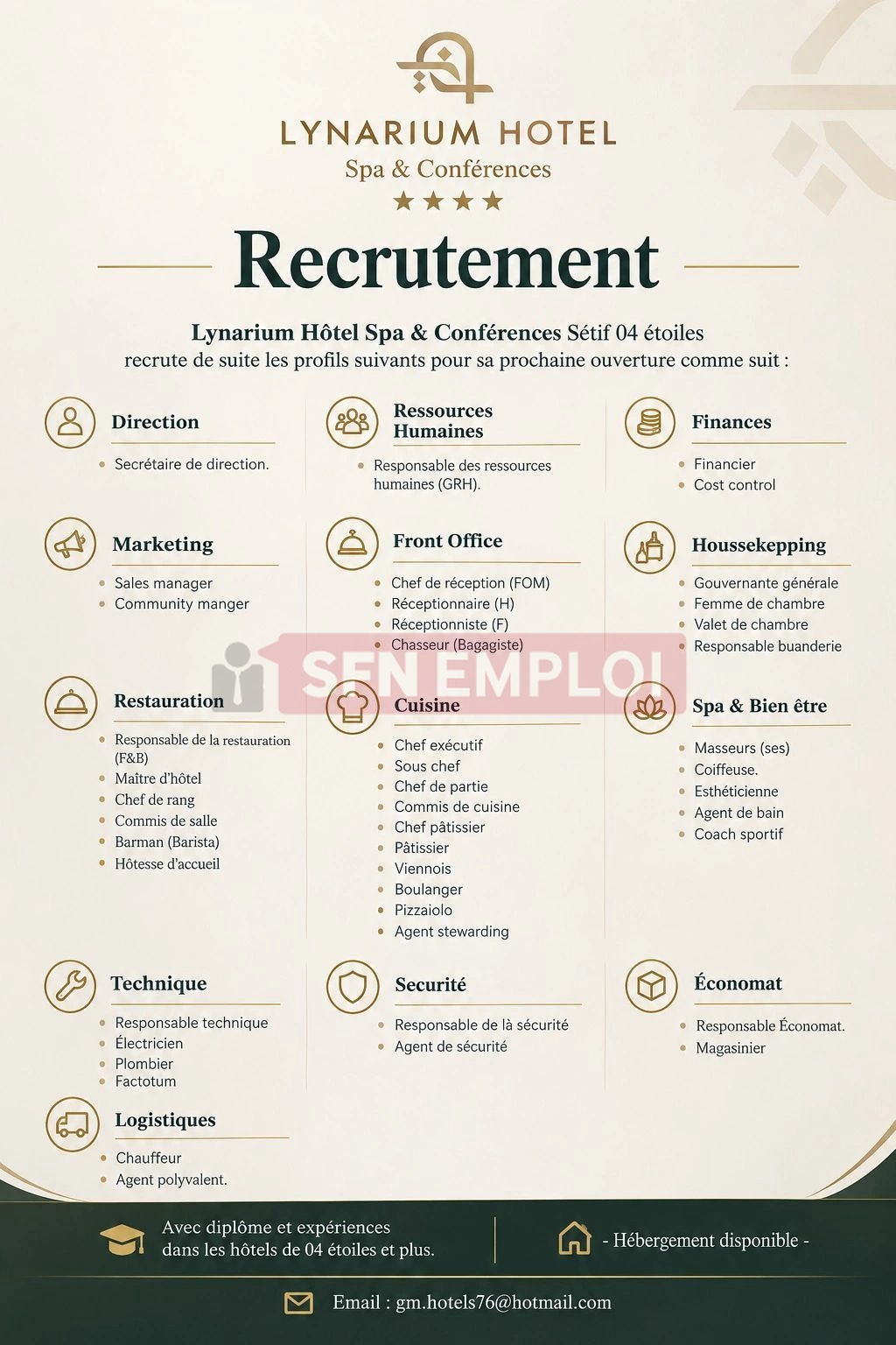 فندق Lynarium يعلن عن توظيف عدة تخصصات استعدادًا لافتتاحه مع توفير الإقامة - SFN Emploi