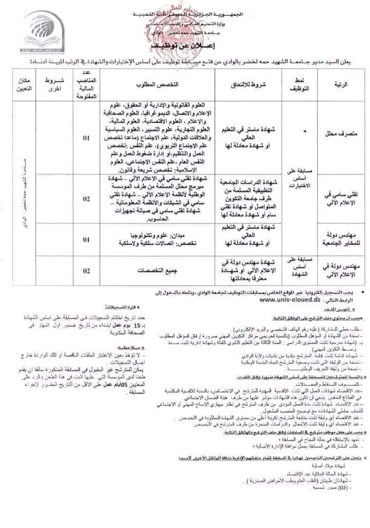 مسابقة توظيف بجامعة الوادي - SFN Emploi