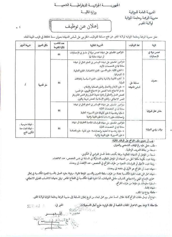 مسابقة توظيف بمديرية البرمجة ومتابعة الميزانية لولاية المغير - SFN Emploi