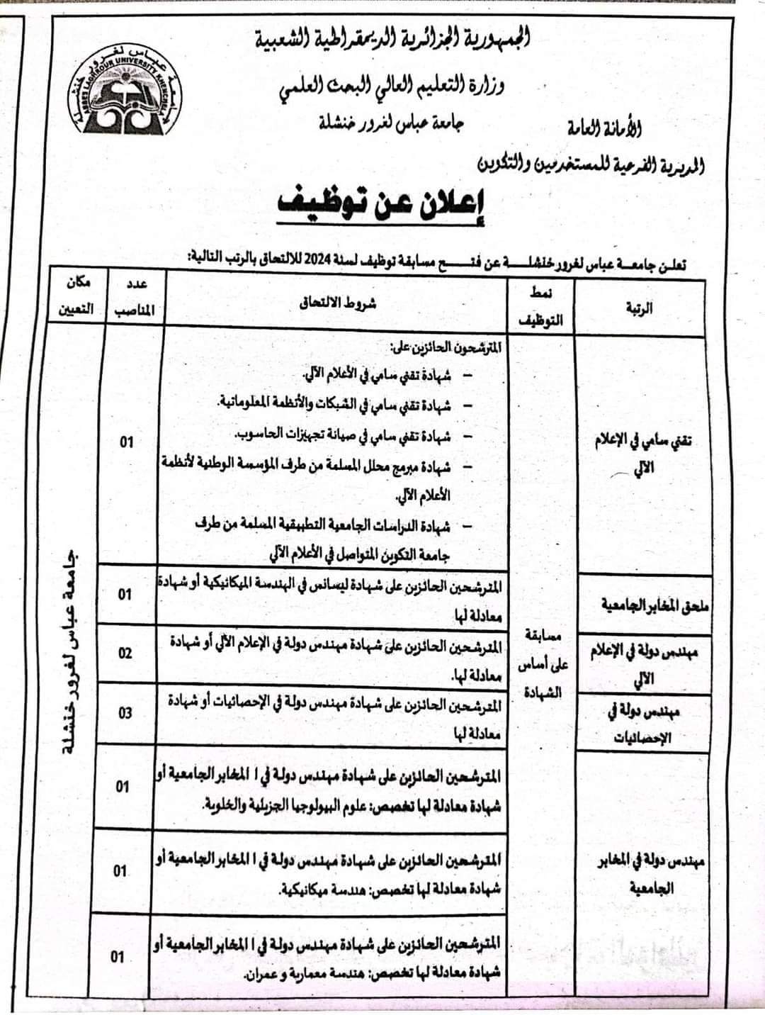 مسابقة توظيف بجامعة خنشلة(10 مناصب) - SFN Emploi