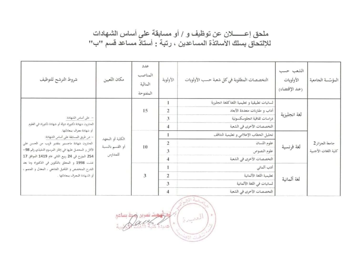 إعلان توظيف أستاذ مساعد قسم ب بجامعة الجزائر 2 - SFN Emploi إعلان توظيف أستاذ مساعد قسم ب بجامعة الجزائر 2 - SFN Emploi
