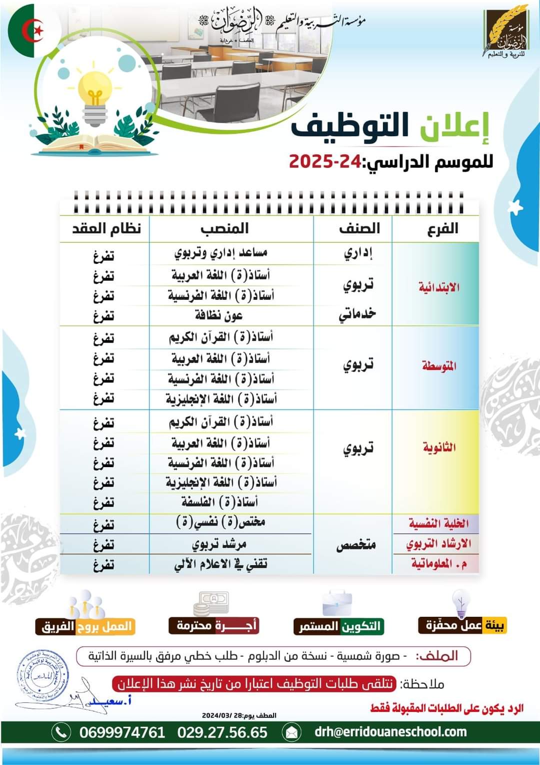 توظيف بمؤسسة الرضوان للتربية و التعليم بغرداية - SFN Emploi